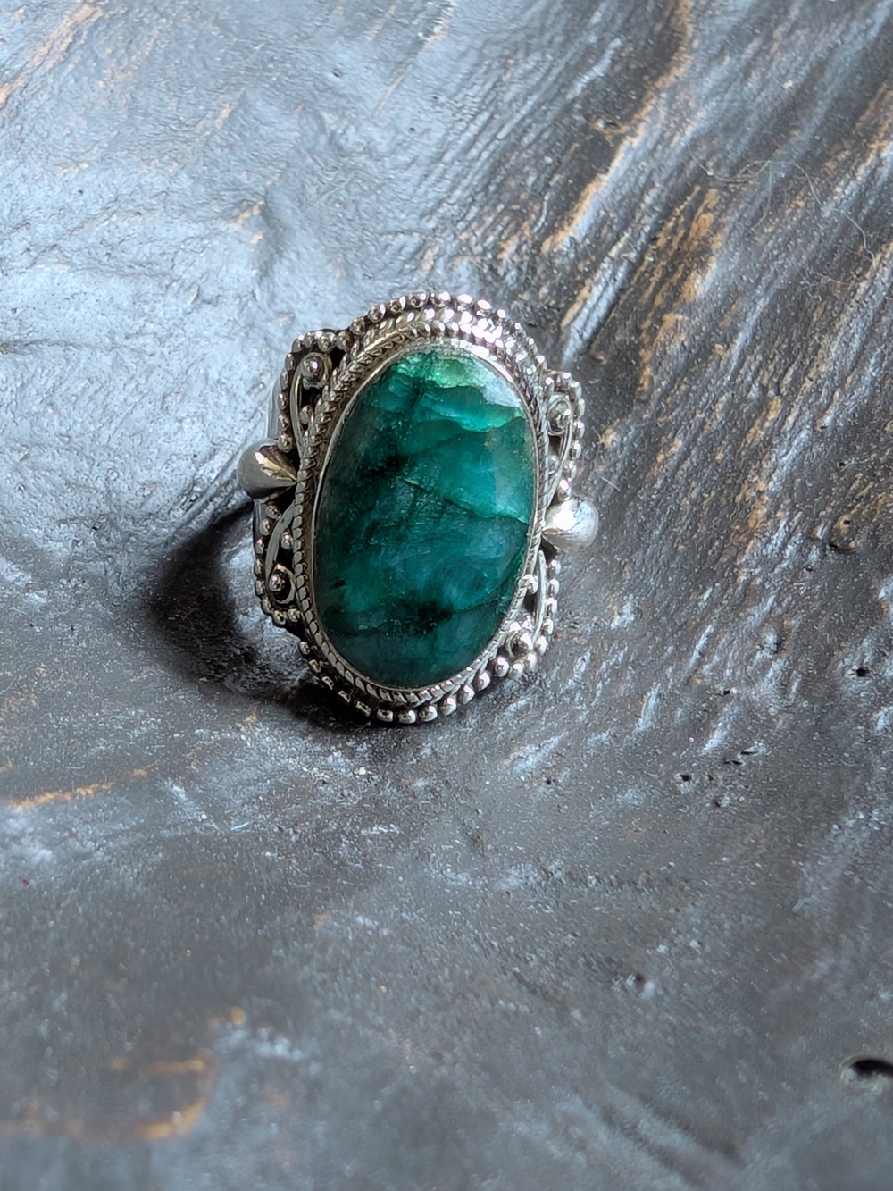 Green Faceted Emerald Ring, Sterling Silver SZ 6.